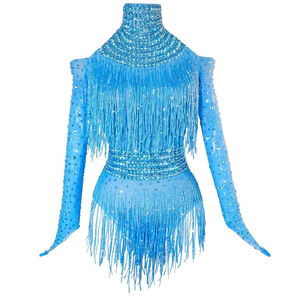 7345 Sexy Fringe Rhinestone Perspective Mesh Bodysuit Birthday Party Team